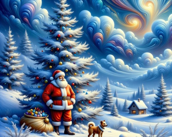 Whimsical Winter Scene with Santa and Christmas Tree