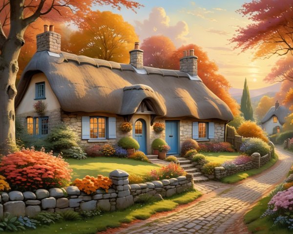 Thatched Cottage Surrounded by Autumn Foliage