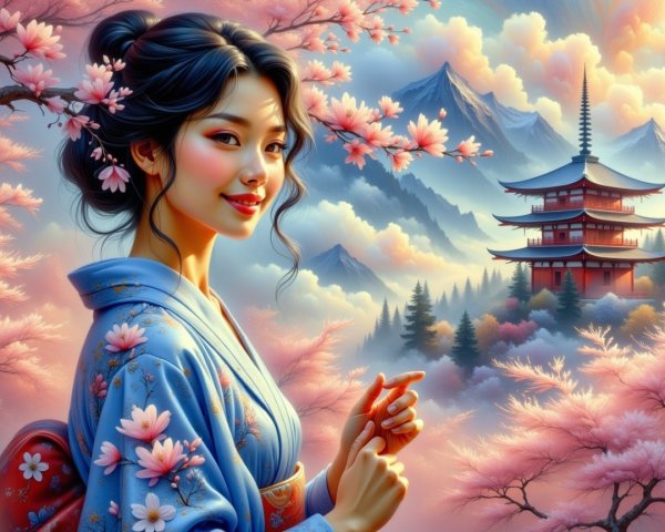 Young Woman in Blue Kimono Among Cherry Blossoms