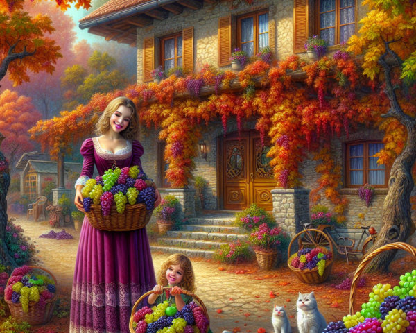 Autumn Scene with Woman and Girl Gathering Grapes