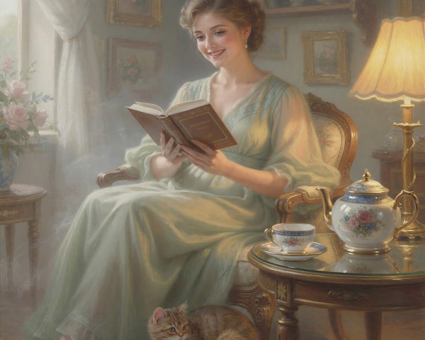 Detailed Oil Painting of Woman in Pastel Green Gown