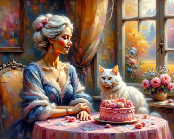 Elegant Woman in Blue Dress with Autumn Decor