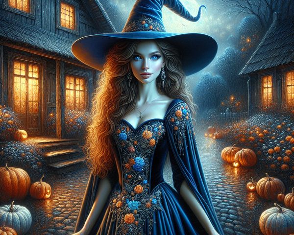 Witch in Ornate Gown Amidst Enchanted Village Scene