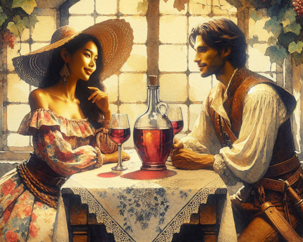 Romantic Moment at a Rustic Vine-Adorned Table