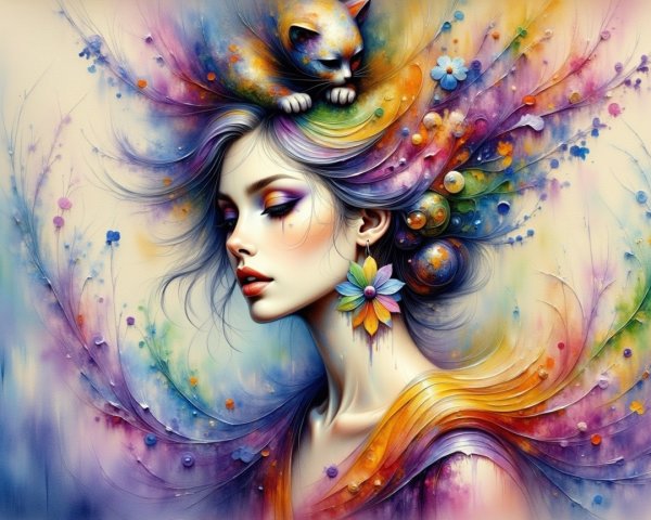 Colorful Portrait of a Young Woman with Cat and Flowers