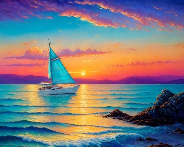 Serene Seascape at Sunset with Sailboat and Mountains