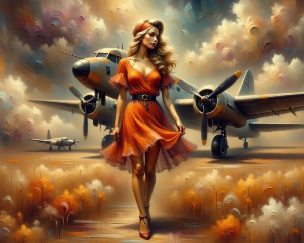 Woman in Orange Dress in Dreamlike Landscape with Planes