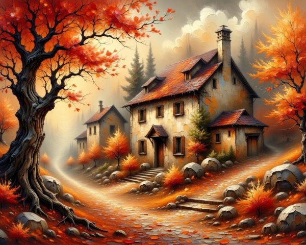 Serene Autumn Scene with Quaint Stone Houses and Foliage