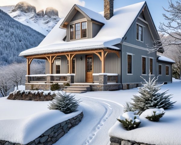 Gray cottage in a snowy winter landscape with mountains