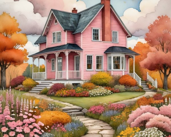 Charming Pink House Surrounded by Autumn Foliage