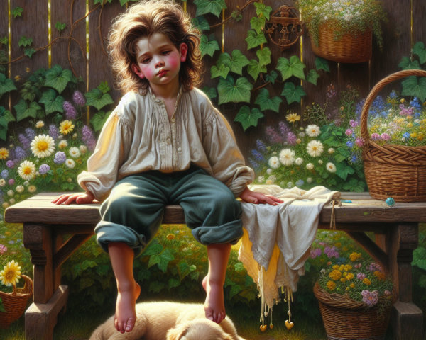 Young Boy Sitting on Bench with Puppy in Garden