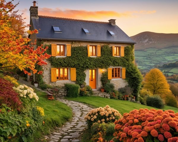 Charming Stone House with Orange Shutters in Autumn