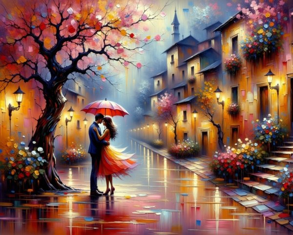 Romantic Sunset Scene with Couple Under Umbrella