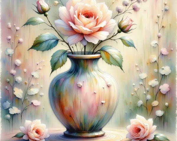 Painted Vase with Pink Rose and Pastel Background