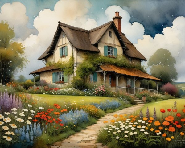 Charming Cottage Surrounded by Vibrant Garden and Sky