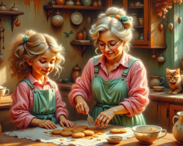 Grandmother and granddaughter bake cookies in cozy kitchen