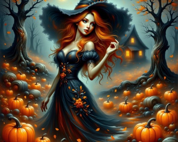 Red-haired witch in black dress in pumpkin patch scene