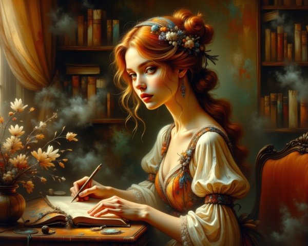 Young Woman Writing in Vintage Dress in Cozy Library