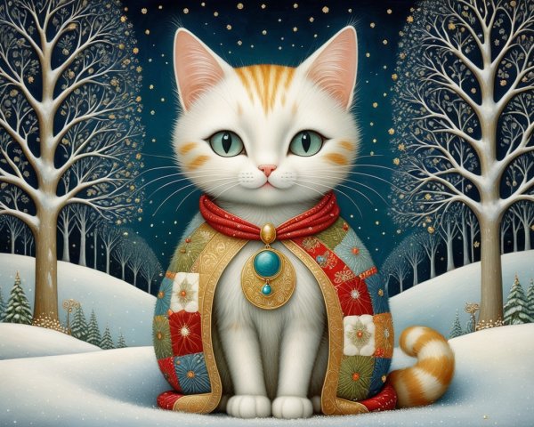 Ginger and White Cat in Snowy Winter Landscape