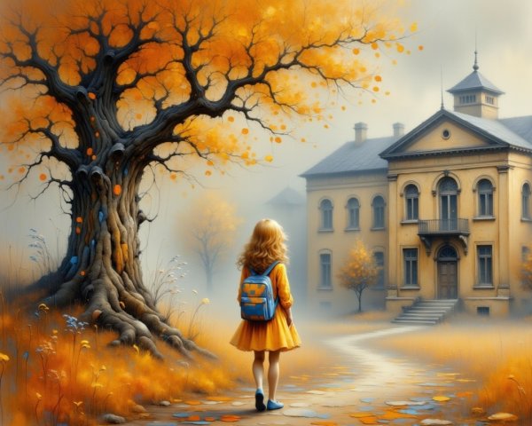 Young girl in yellow dress by autumn foliage and tree