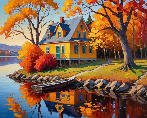 Charming Yellow House by Serene Lake in Autumn Foliage