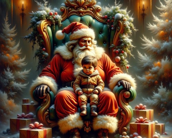 Santa Claus in festive setting with child and presents
