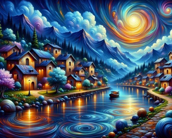 Surreal Village Landscape by a Sparkling River