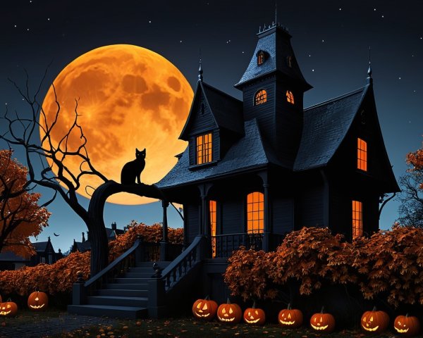 Eerie Halloween Mansion with Glowing Windows and Pumpkins