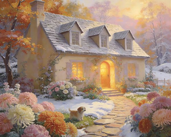 Winter Oil Painting of a Yellow Cottage in Snow