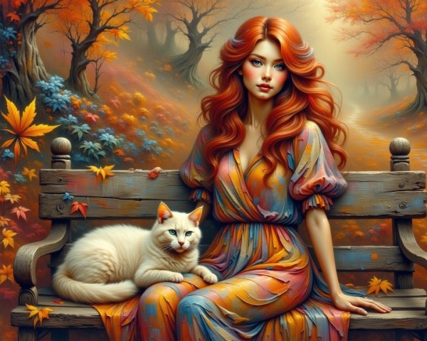 Serene Autumn Scene with Woman and White Cat