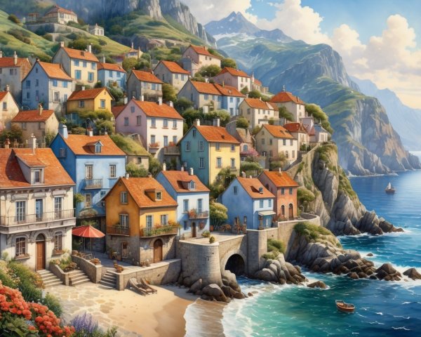 Coastal Village with Colorful Houses and Scenic Views