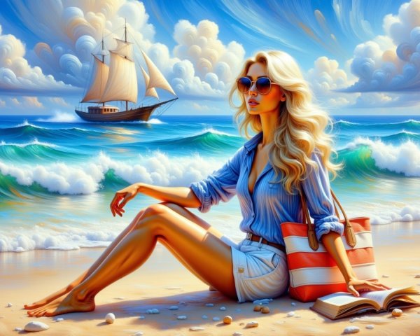 Glamorous Woman Relaxing on Sunlit Beach Scene