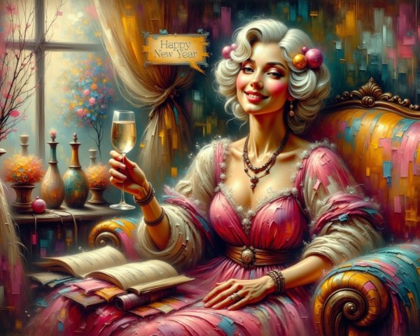 Neoclassical Painting of Joyful Woman in Elegant Gown