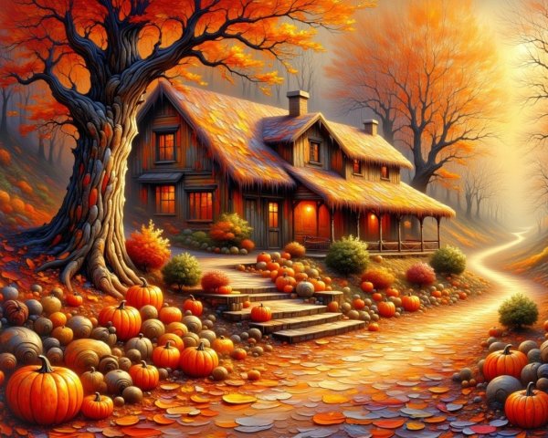 Cozy cottage surrounded by vibrant autumn scenery