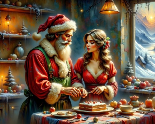 Santa Claus and Woman in Festive Christmas Room