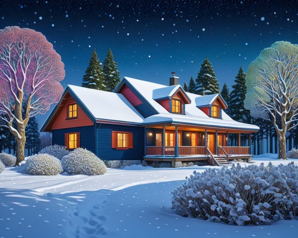 Charming House in Serene Winter Landscape at Night