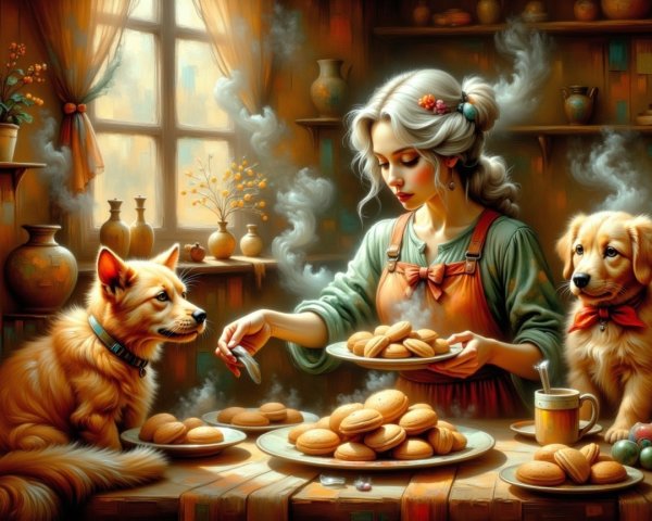 Cozy kitchen with woman and dogs near baked cookies
