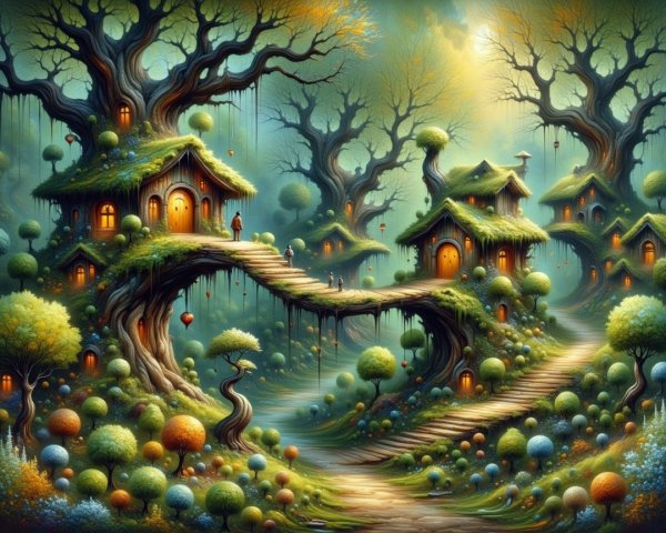 Enchanted forest with glowing tree houses and flora