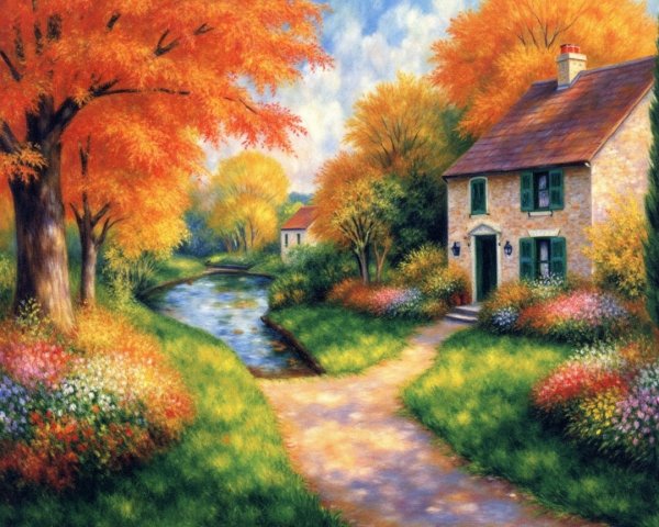 Charming Stone Cottage by a Serene Autumn Stream