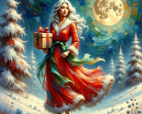 Winter Scene with Woman in Red Gown and Gift