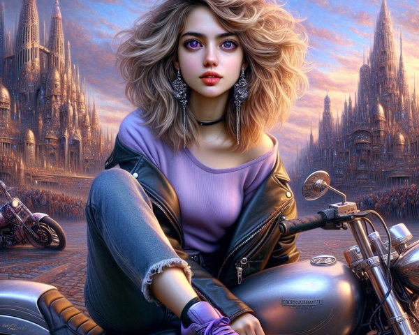 Young woman on motorcycle in fantastical cityscape
