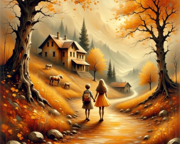 Autumn Landscape with Children and Grazing Horses