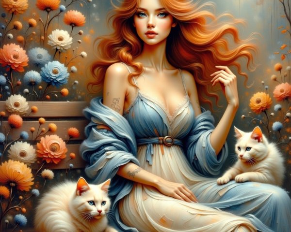 Serene Garden Scene with Young Woman and Cats