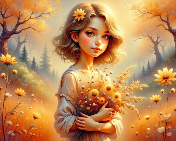 Whimsical Girl in Golden Autumn Landscape with Flowers