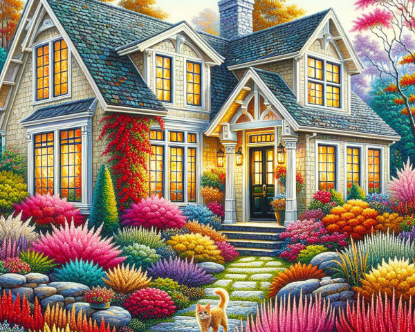 Charming cottage surrounded by autumn foliage and flowers