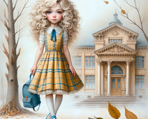 Young girl in vintage dress by school in autumn leaves
