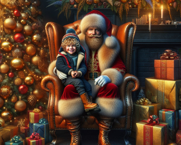Santa Claus with child in festive holiday setting
