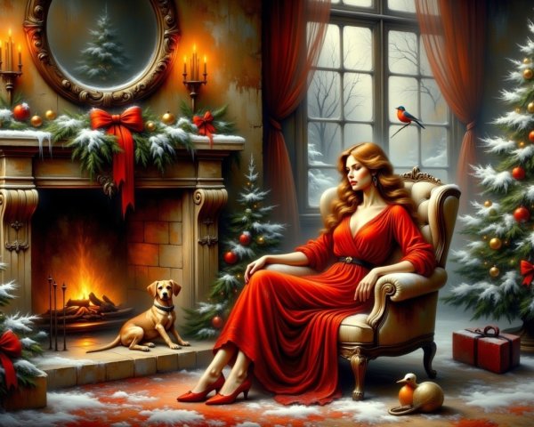 Cozy Holiday Scene by a Fireplace with Decorated Room