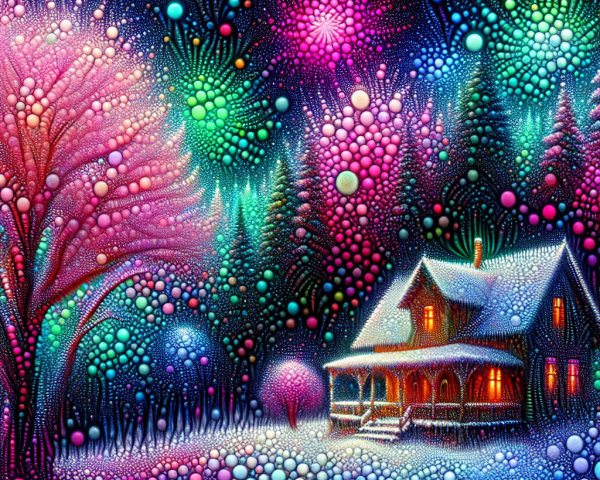 Psychedelic Nighttime Dreamlike Landscape with Cottage