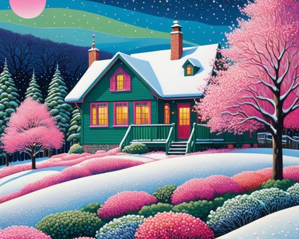 Whimsical Winter Scene with Cozy Dark Teal House